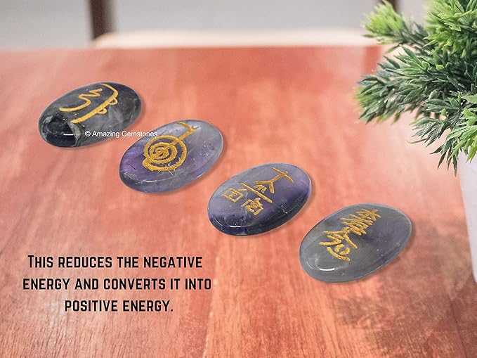 Amazing Gemstone Amethyst Crystal Reiki Stones with Engraved Symbols for Usui Reiki Healing, Set of 4 Pcs (Indian Handmade Reiki Gift Set)