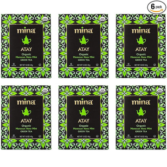 Mina Atay Organic Moroccan Nana Mint Green Tea, 15 Biodegradable Sachets (Pack of 6) - Refreshing Moroccan Mint Tea Bags, Green Tea, Moroccan Mint Green Tea Bags, Low in Caffeine