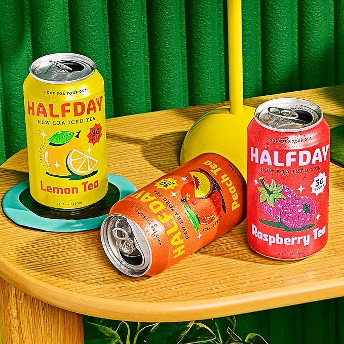 HALFDAY Prebiotic Iced Tea Lemon, Peach & Raspberry Variety Pack, Supports Digestive & Gut Health, Plant Fiber & Prebiotics, Low Sugar, 35 Calories, Natural Caffeine, Gluten Free, 12 fl oz (12 pack) Packaging May Vary