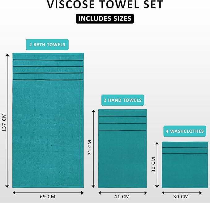 Utopia Towels 8 Piece Luxury Towel Set, 2 Bath, 2 Hand, and 4 Wash Cloths, 600 GSM Ring Spun Cotton, Highly Absorbent Viscose Stripe Towels, Ideal for Everyday use, Turquoise