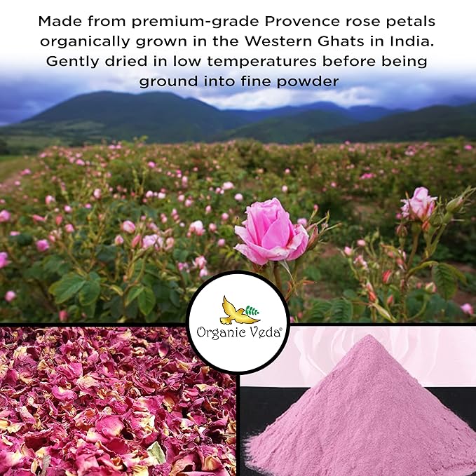 Organic Veda Edible Rose Petal Powder - Organic Rose Petal Powder for Cooking, Herbal Tea, Smoothies, Toppings - Natural Rose Petal Powder for DIY Face Masks, Skin & Hair Care - Vegan, No Gluten - 7oz