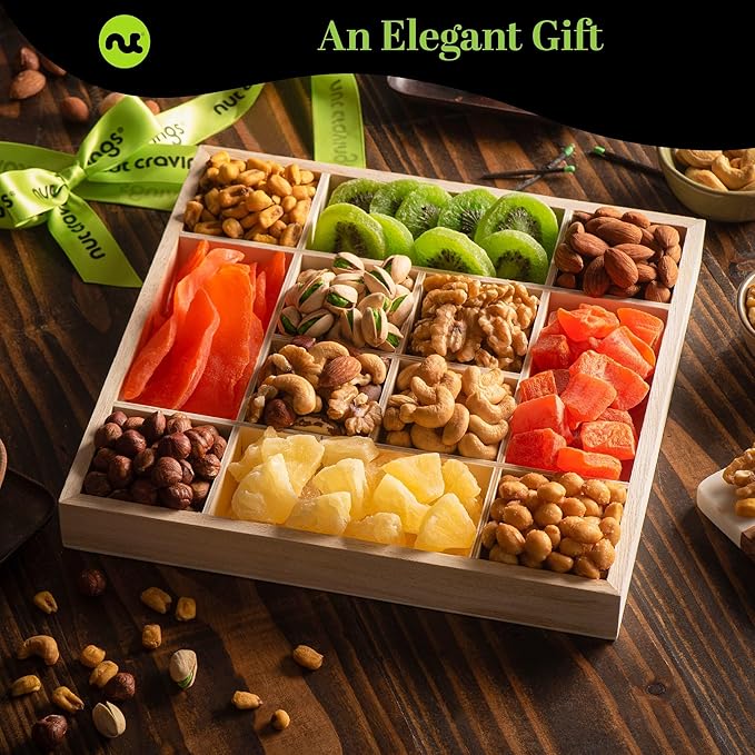 NUT CRAVINGS - Diwali Sweets Hamper Dried Fruit & Mixed Nuts Gift Basket in Reusable Wooden Tray + Ribbon (12 Assortments) Food Arrangement, Healthy Snack Care Package,