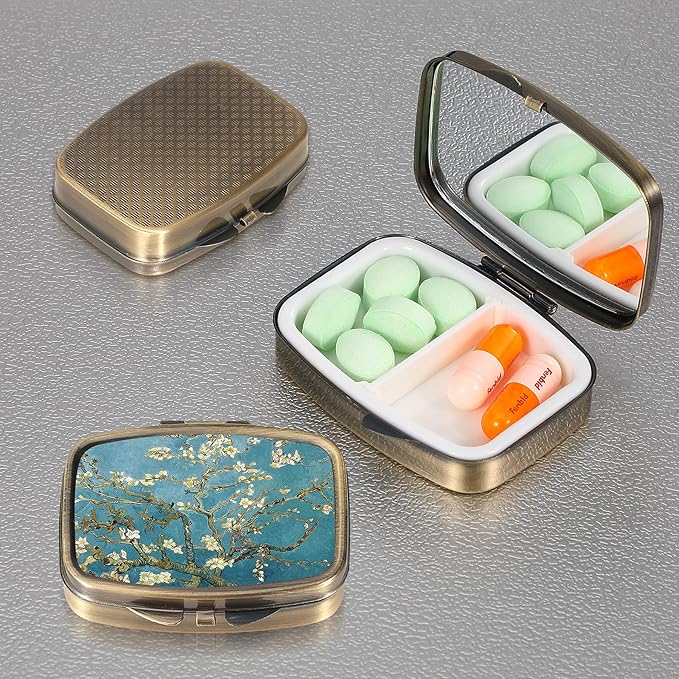 Dynippy Pill Case Pill Box with Mirror Retro Pocket 2 Compartment Medicine Case Vitamin Pill Organizer for Pocket Purse and Travel (A-Plum Blossom)