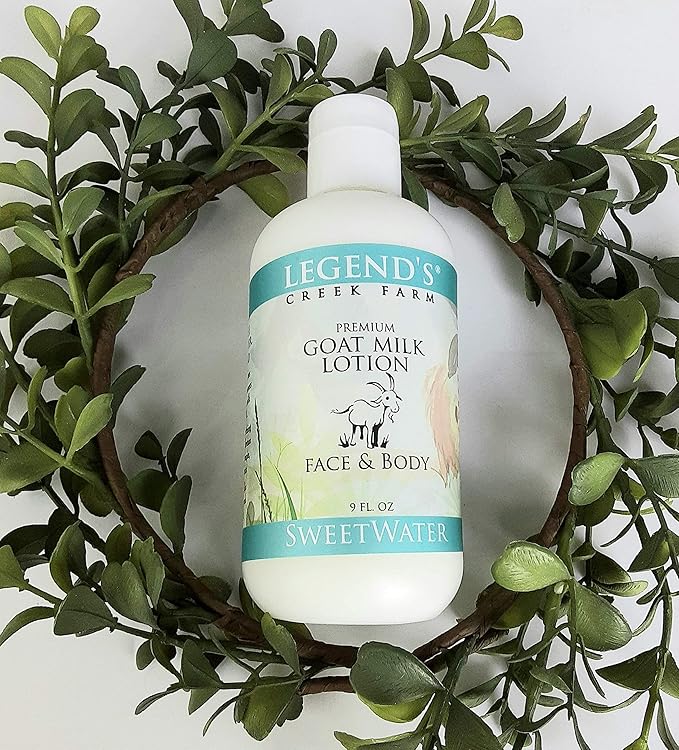 Legend's Creek Farm Goat Milk Lotion - Moisturizing Goat Milk Body Lotion for Body, Hand & Face - 9 oz Body Moisturizer with Shea Butter, Sunflower Oil, Aloe, Handmade in USA (Sweetwater L.)