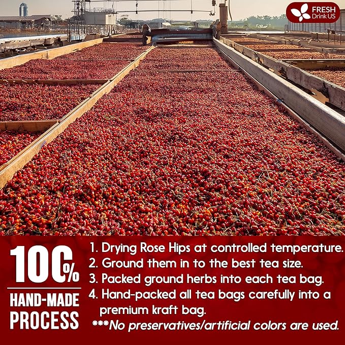 FreshDrinkUS, Premium 135 Rosehip Tea Bags, 100% Natural & Pure from Rose Hip Fruits. Loose Rosehip Herbal Tea. Made with Natural Material Tea Bags. No Sugar, No Caffeine, No Gluten, Vegan.
