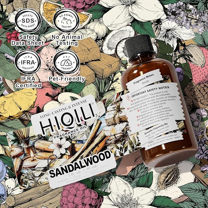 HIQILI Sandalwood Fragrance Oil for Home Diffuser, Luxury Hotel Scent, Perfect for DIY Candle & Soap Making, Add to Body Lotion - 1 Fl Oz