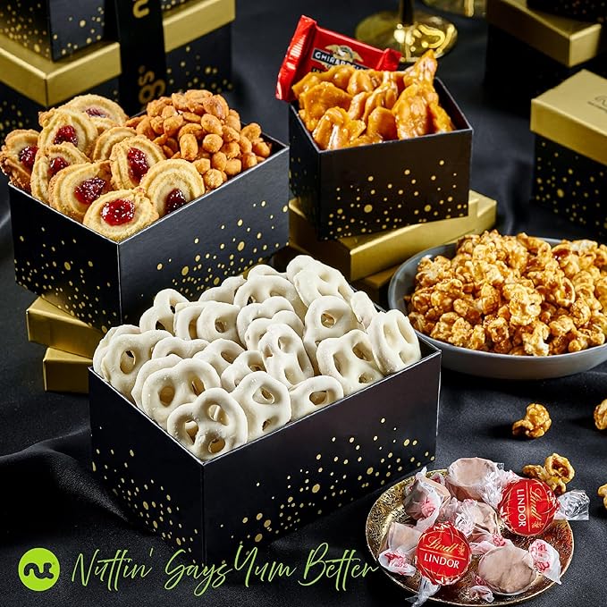 NUT CRAVINGS - Diwali Sweets Hamper Chocolate Covered Pretzels & Caramel Popcorn Gift Basket, in Black Tower + Ribbon (8 Assortments) Food Arrangement Healthy Snack Care Package