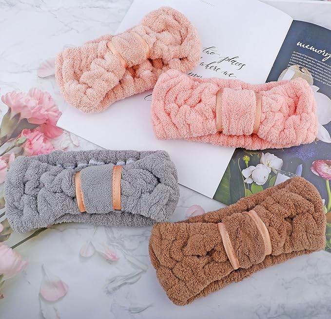 4 Pack Microfiber Towel Headbands for Washing Face, Spa & Skincare for Women (Coffee, Flesh Pink, Grey, Bright Red)