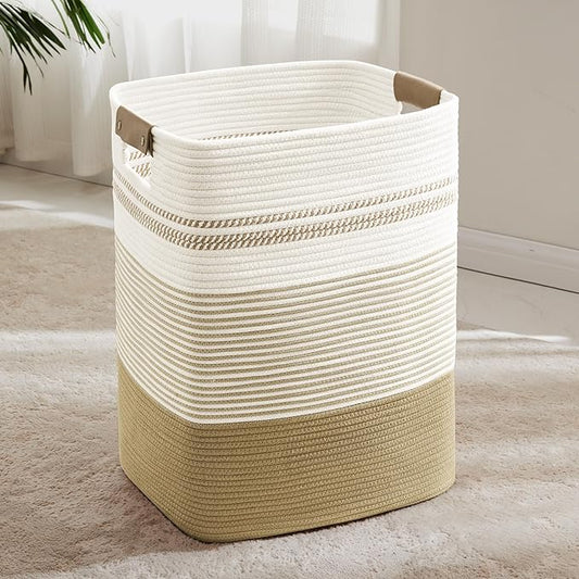 85L Tall Laundry Hamper with Handles for Living Room Storage, Extra Large Woven Rope Baskets Bin for Blanket, Kids Toy, Gifts, Wicker Hamper for Bedroom Dirty Clothes, 17"x14"x22" Khaki
