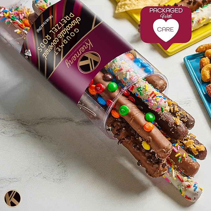 KREMERY Creamy Chocolate Cravings - Diwali Sweets Hamper Chocolate Covered Pretzel Rods Gift Basket, in Clear Tube (8 Pretzels, Assorted Sweet Toppings) Food Arrangement