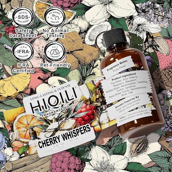 HIQILI Cherry Whispers‌ Fragrance Oil for Soap, Candle Making, Inspired by E.scd Cherry in-t.Air, Wool Dryer Balls, Home Luxury Scents for Laundry & Bathroom Use - 1 Fl Oz