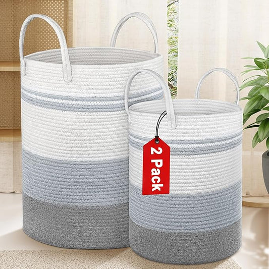 2 Pack Large Tall Rope Laundry Baskets, Cotton Laundry Hamper, Dirty Clothes Hampers Woven Basket, Blanket Basket Storage for Living Room, Dirty Clothes Baskets for Bedroom, Baby Room, 58L&28L Grey