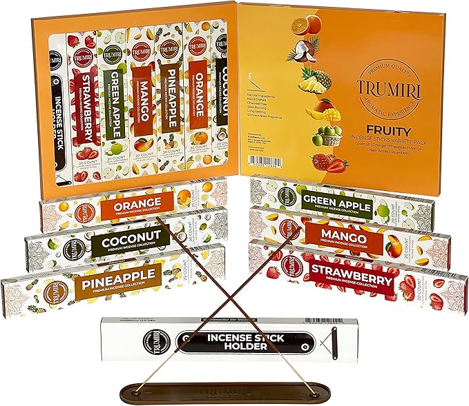 Fruity Incense Sticks Variety Pack - 120 Insence-Sticks (6 Incents x 20 Insense) - Coconut Orange Pineapple Mango Strawberry Apple - Natural Inscents-Sticks Non Toxic Inciensos + Stick Incense Holder