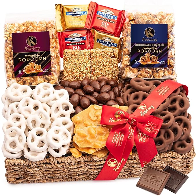 KREMERY Creamy Chocolate Cravings - Diwali Sweets Hamper Chocolate Covered Pretzels & Caramel Popcorn Gift Basket, in Seagrass Tray + Ribbon (Premium, 2.5 lbs) Food Arrangement