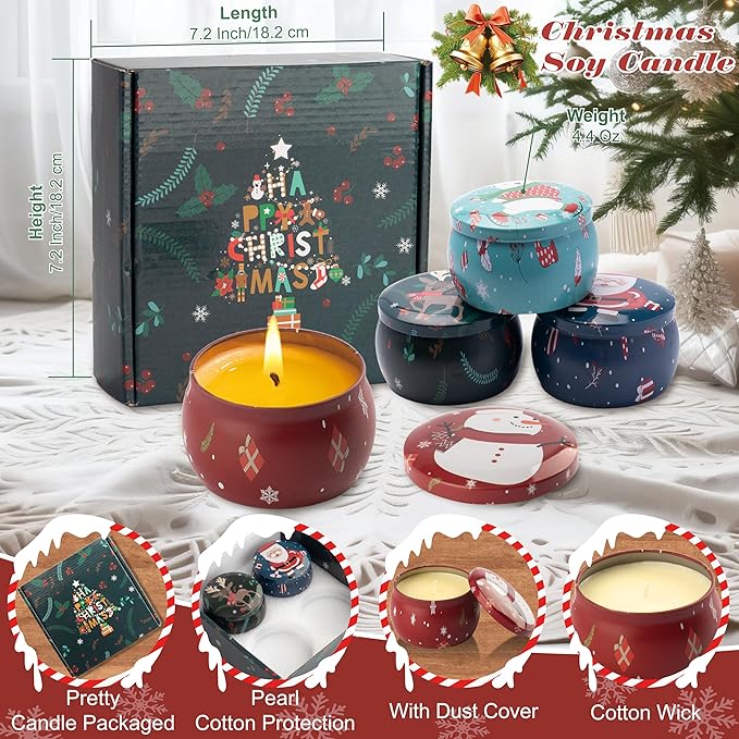 Christmas Scented Candles Gifts - Xmas Candle Gift Set for Women Men Aromatherapy Soy Wax Natural Small Festival Aroma Candle Gift 4 PCS 4.4 Oz for Mothers Day Birthday Diwali Teachers Girls