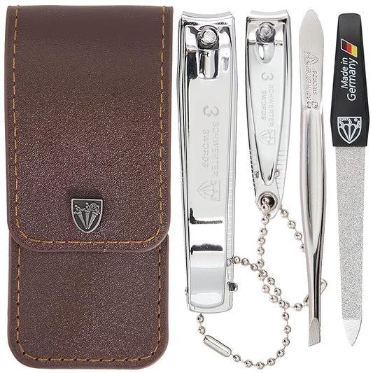 3 Swords Germany - Brand Quality 4 Piece Manicure Pedicure Grooming kit Set for Professional Finger & Toe Nail Care Tweezers File Clipper Brown Synthetic Leather case - Made by 3 Swords