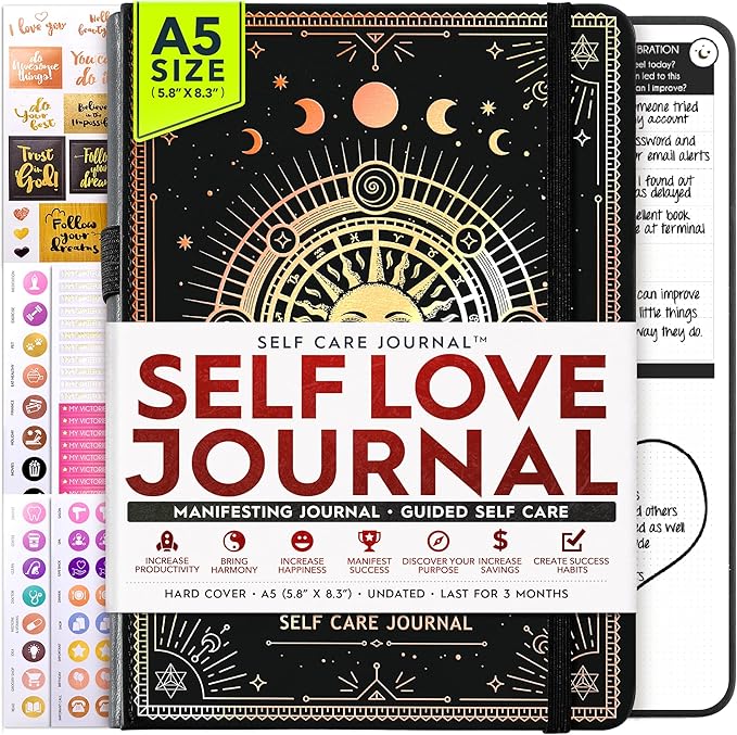 Self Love Journal - 5 Minute Self Care & Mental Health Journal | 90-Day Undated Daily Planner for Positivity, Affirmations & Gratitude | Guided Mindfulness, Reflection | Folded Vision Board + Stickers