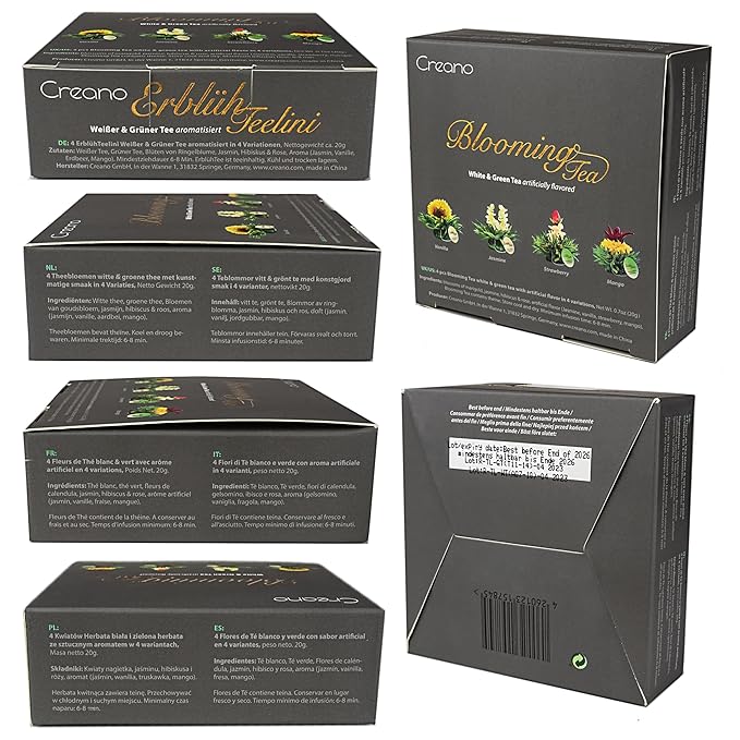 Creano 4 tea Flowers in elegant Gift Box - Blooming Tea White & Green Tea in Cup Size