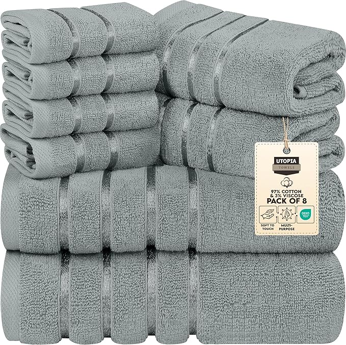Utopia Towels 8 Piece Luxury Towel Set, 2 Bath, 2 Hand, and 4 Wash Cloths, 600 GSM Ring Spun Cotton, Highly Absorbent Viscose Stripe Towels, Ideal for Everyday use, Cool Grey