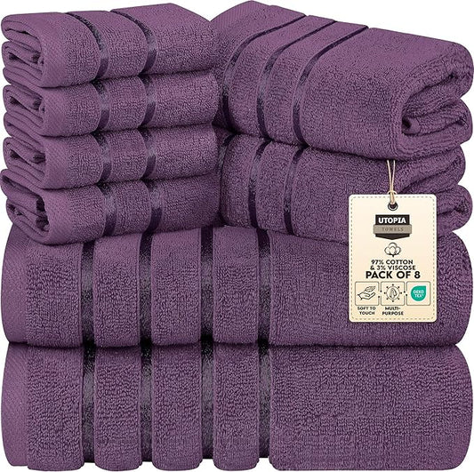 Utopia Towels 8 Piece Luxury Towel Set, 2 Bath, 2 Hand, and 4 Wash Cloths, 600 GSM Ring Spun Cotton, Highly Absorbent Viscose Stripe Towels, Ideal for Everyday use, Plum