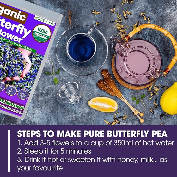 KEYXE - Organic Butterfly Pea Flowers Tea Bags, 100% CERTIFIED Organic and Pure from Butterfly Pea Flower Dried, Herbal Flower Tea for Relaxation, Mocktails, and Natural Food Coloring, Caffeine-Free, Sugar-Free, Non-GMO- ( 30 teabags )