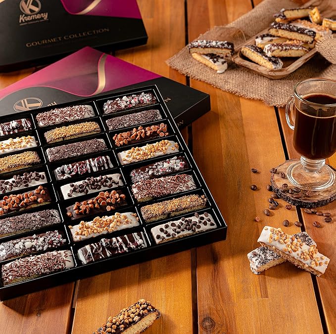 KREMERY Creamy Chocolate Cravings - Diwali Sweets Hamper Chocolate Covered Biscotti Cookies Gift Basket, in Elegant Gift Box (24 Biscotties, Assorted Sweet Toppings)
