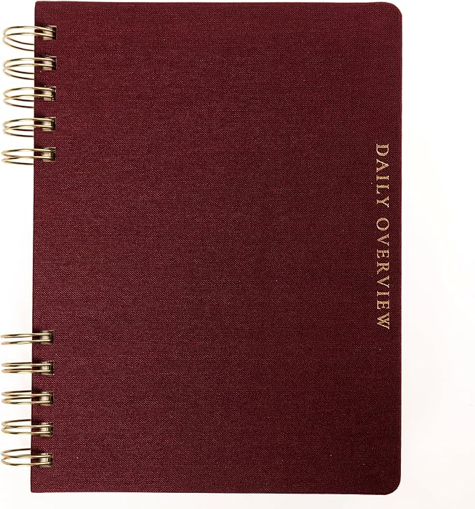 Daily Task Journal by Graphique Luxe Collection, Fabric-Wrapped Hardcover Spiral Notebook for Planning & Writing, Priority List Planner with Magnetic Bookmarks & Gold Foil Embossing,192 Pages, 6” x 8”, Plum Red
