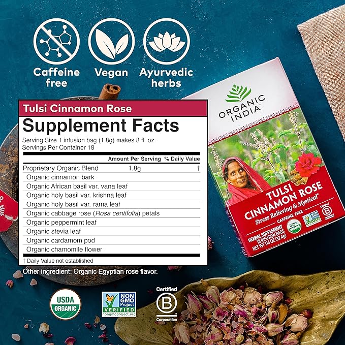 Organic India Tulsi Cinnamon Rose Herbal Tea - Holy Basil, Stress Relieving & Mystical, Immune Support, USDA Certified Organic, Supports Sugar Metabolism, Caffeine-Free - 18 Infusion Bags, 6 Pack
