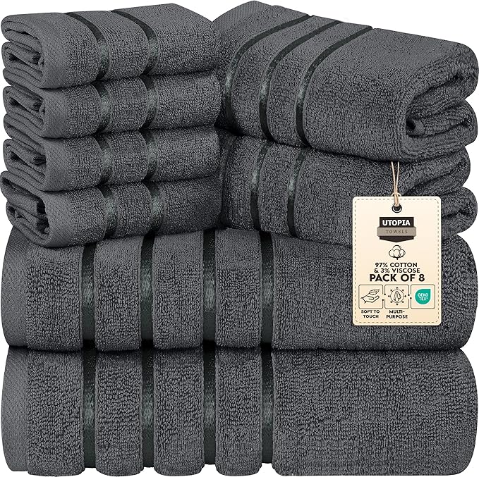 Utopia Towels 8-Piece Luxury Towel Set, 2 Bath Towels, 2 Hand Towels, and 4 Wash Cloths, 600 GSM Ring Spun Cotton Highly Absorbent Viscose Stripe Towels Ideal for Everyday use (Grey)