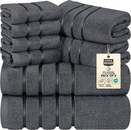 Utopia Towels 8-Piece Luxury Towel Set, 2 Bath Towels, 2 Hand Towels, and 4 Wash Cloths, 600 GSM Ring Spun Cotton Highly Absorbent Viscose Stripe Towels Ideal for Everyday use (Grey)