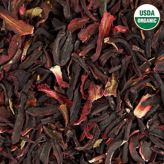 Hibiscus Tea 1LB (16Oz) 100% CERTIFIED Organic Hibiscus Flowers Herbal Tea (CUT&SIFTED), Caffeine Free Tea (200+ cups) 1 lb. Bulk Resealable BPA-Free Bag
