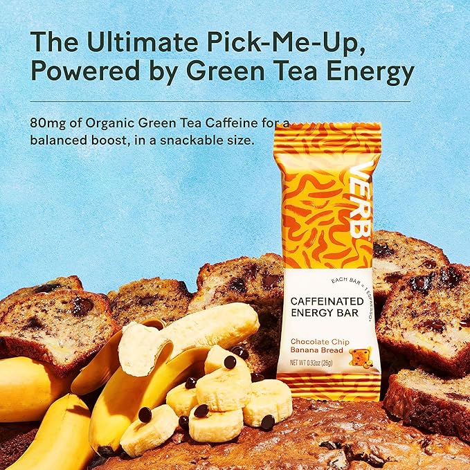 Verb Caffeinated Energy Bars Variety Pack - 2 Delicious Flavors (26g, Pack of 16) 110-Calorie Delicious Low Sugar Energy Bar, Vegan & Gluten Free On-the Go Snack with 80mg Green Tea Caffeine