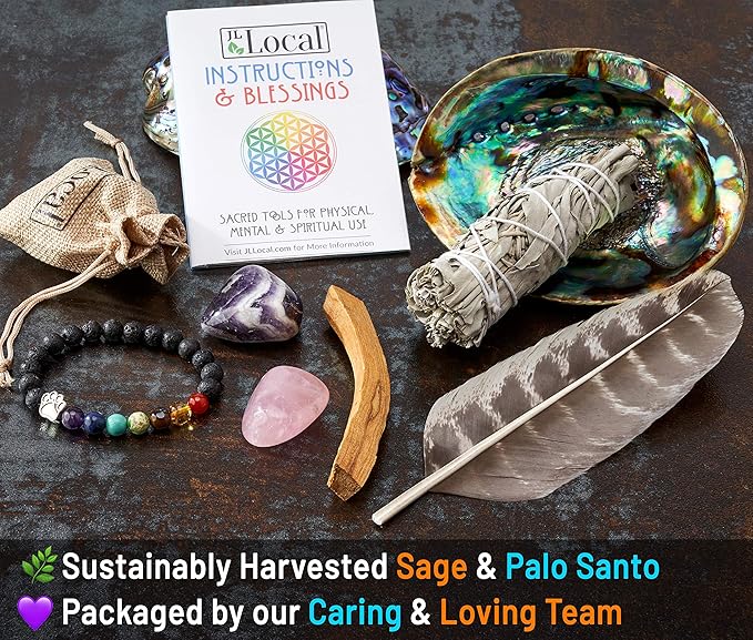 Aura Chakra Smudging Kit - White Sage Smudge Sticks, Palo Santo, Amethyst, Rose Quartz, Abalone Shell, Stand & Chakra Bracelet