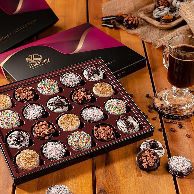 KREMERY Creamy Chocolate Cravings - Diwali Sweets Hamper Chocolate Covered Sandwich Cookies & Cream Gift Basket, in Elegant Gift Box (20 Cookies, Assorted Sweet Toppings)