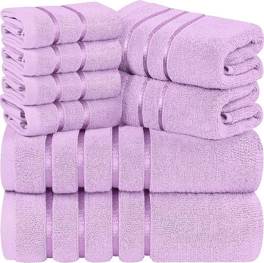 Utopia Towels 8 Piece Luxury Towel Set, 2 Bath, 2 Hand, and 4 Wash Cloths, 600 GSM Ring Spun Cotton, Highly Absorbent Viscose Stripe Towels, Ideal for Everyday use, Lavender