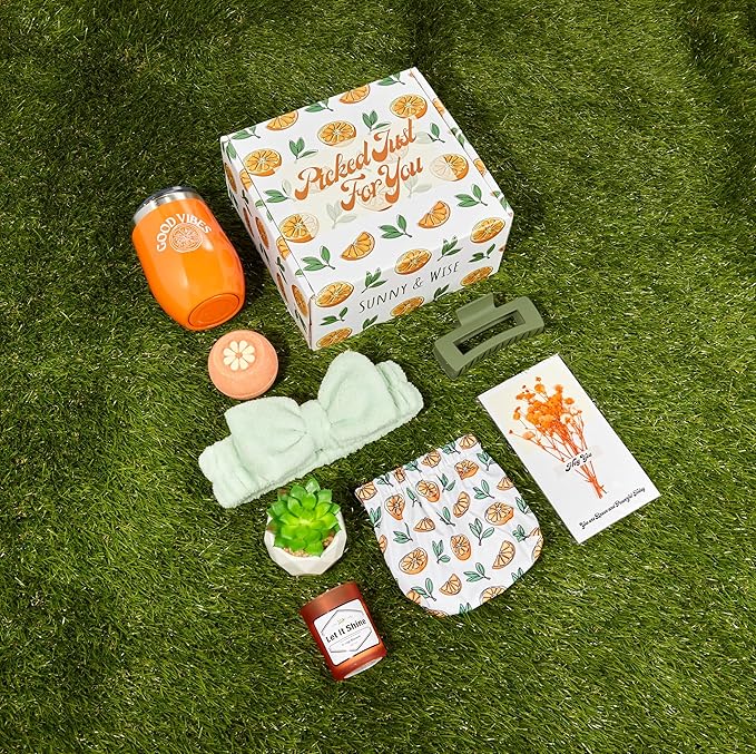 Sunny&Wise Orange Themed Gift Baskets for Women - Designed in USA - Care Package, Self Care Gifts, Get Well Soon, Thinking of You