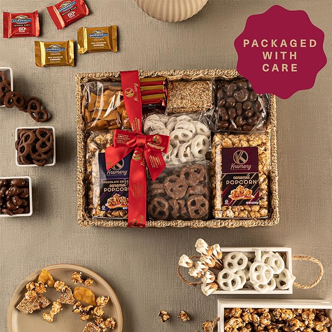 KREMERY Creamy Chocolate Cravings - Diwali Sweets Hamper Chocolate Covered Pretzels & Caramel Popcorn Gift Basket, in Seagrass Tray + Ribbon (Deluxe, 3.5 lbs) Food Arrangement